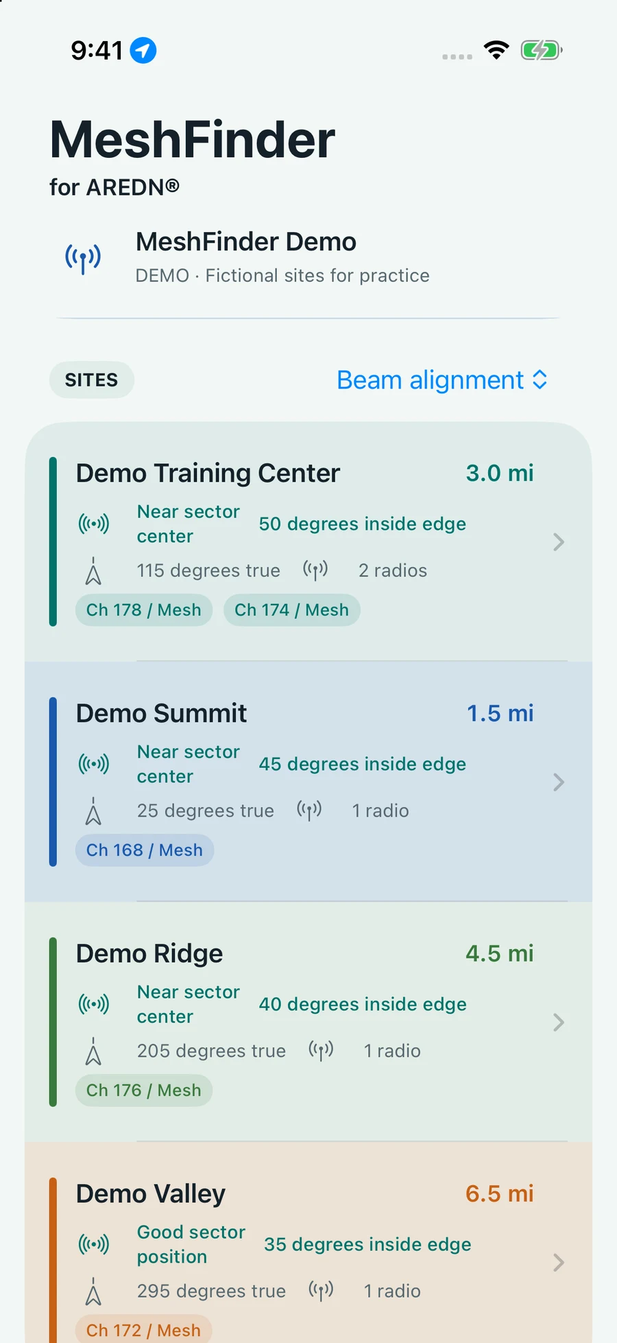 MeshFinder on iPhone, showing four fictional demo sites with distances, bearings, and sector alignment.